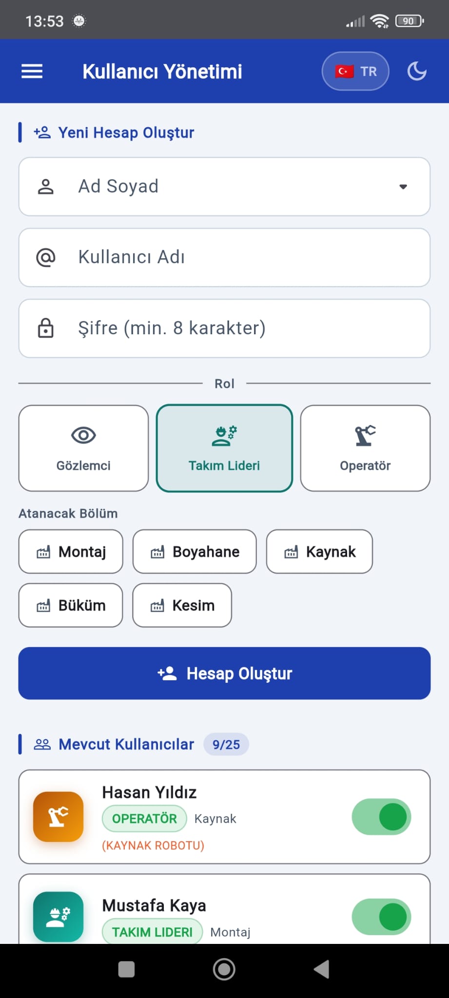 Kullanıcı yönetimi