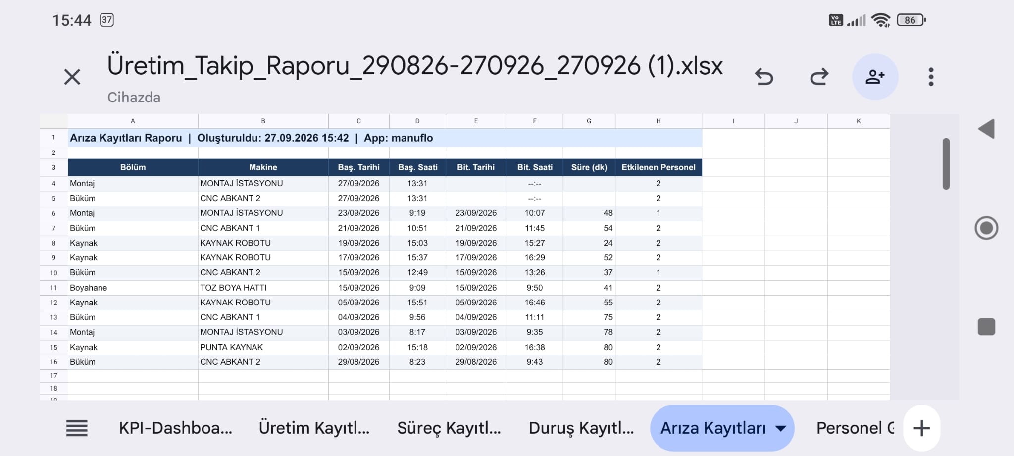 Excel raporu - arıza kayıtları