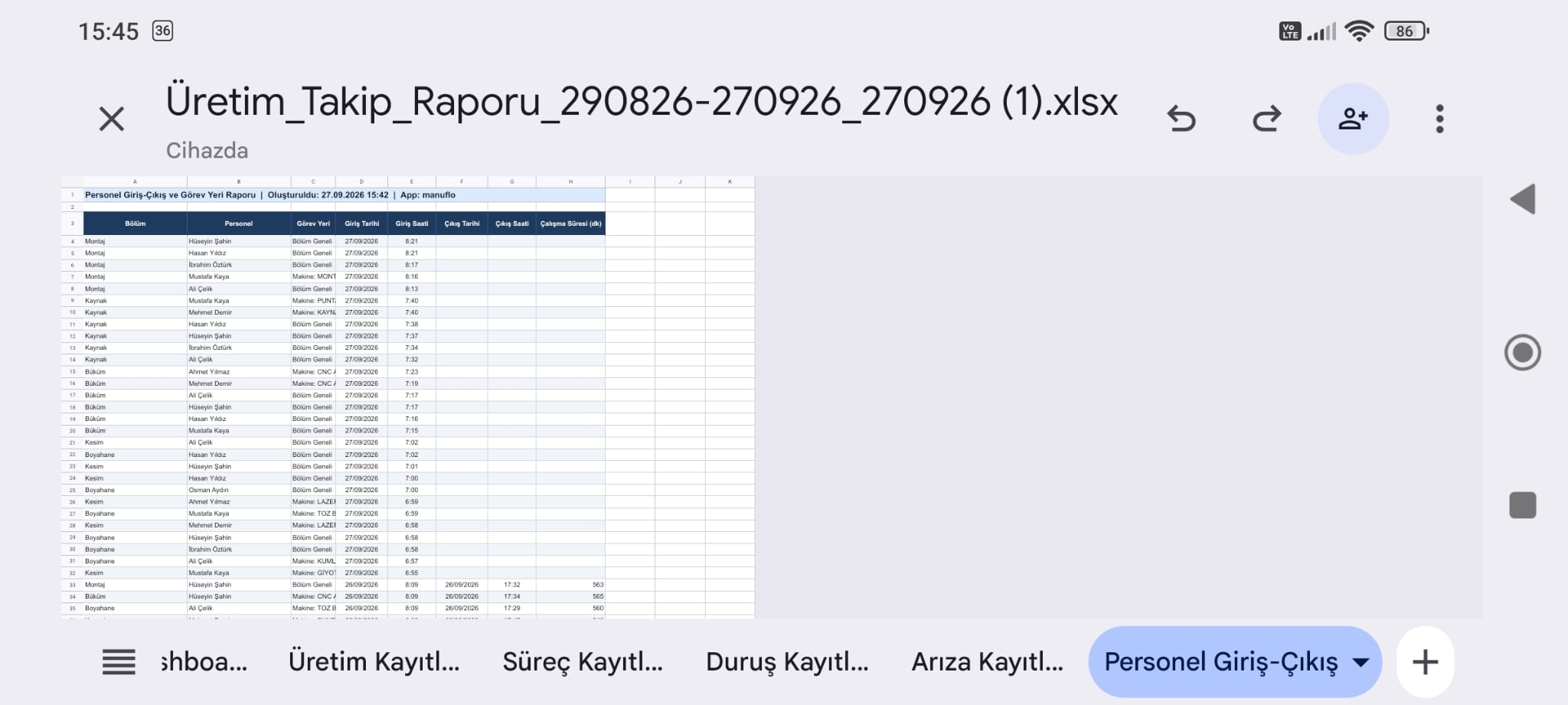 Excel raporu - Personel giriş-çıkış (telefon)